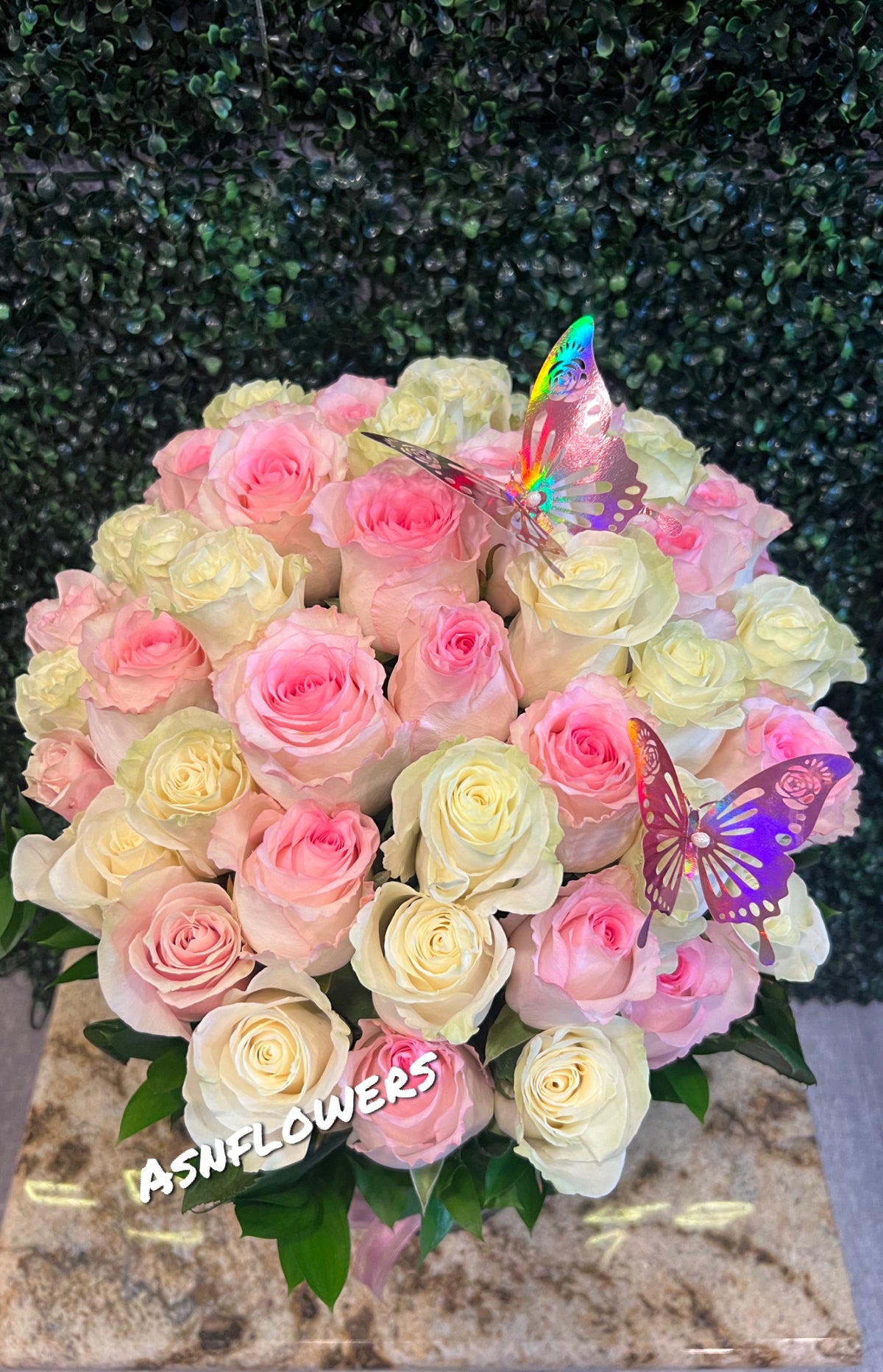 Box of 50 Pink & White Roses Bouquet