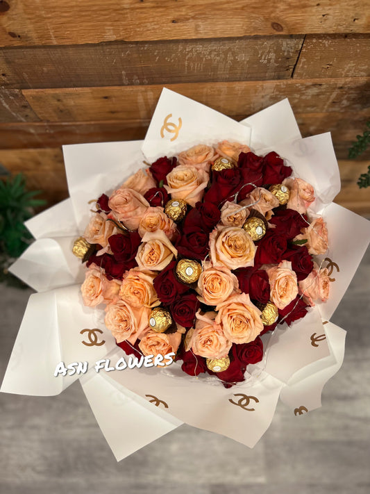 Peach & Red Roses Bouquet