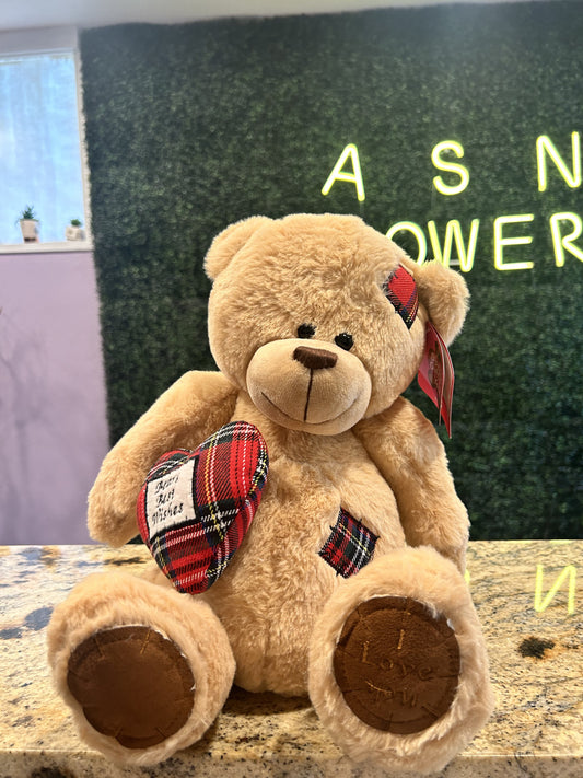 12” light brown bear with red plaid