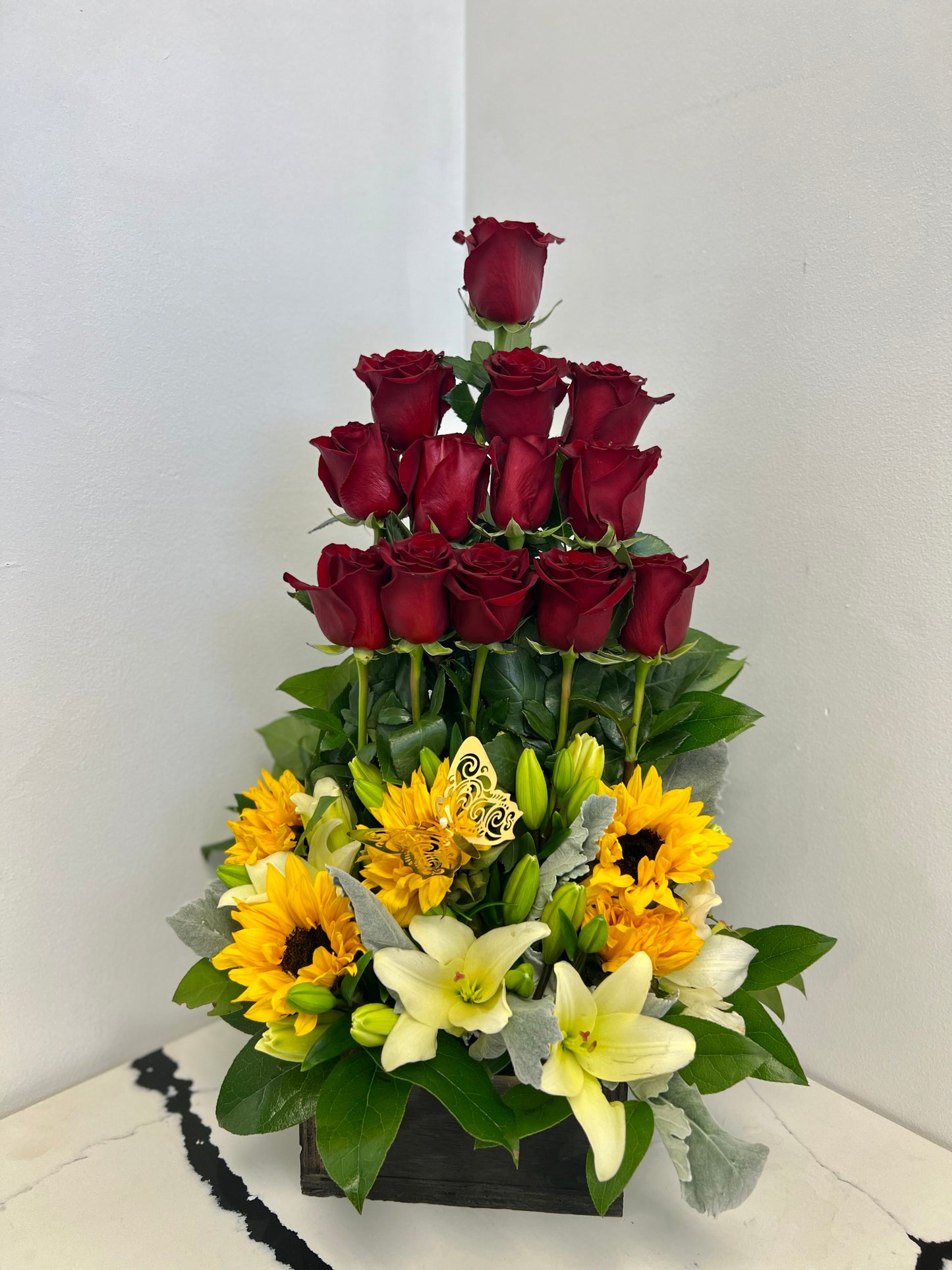 Arrangement of Roses & Sunflowers