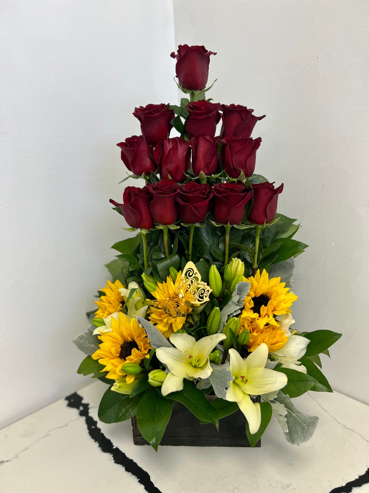 Arrangement of Roses & Sunflowers