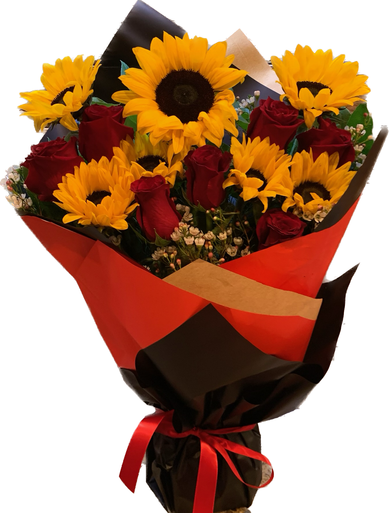 Dozen of Roses with sunflowers