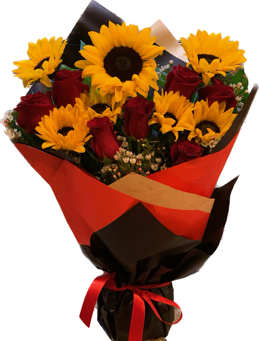 Dozen of Roses with sunflowers