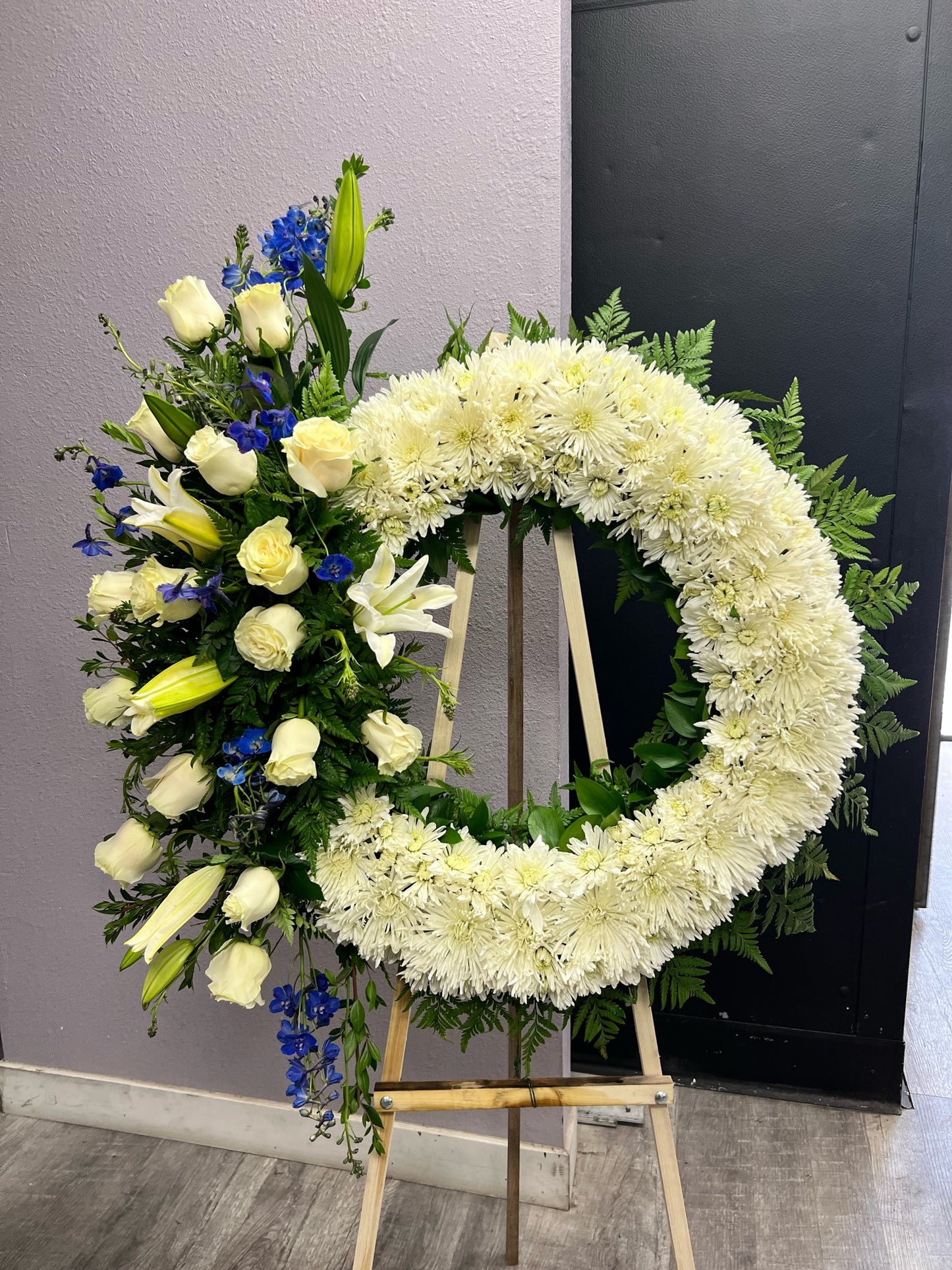 White & Blue Funeral Wreath