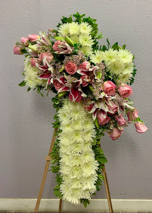 Funeral Standing Cross White & Pink